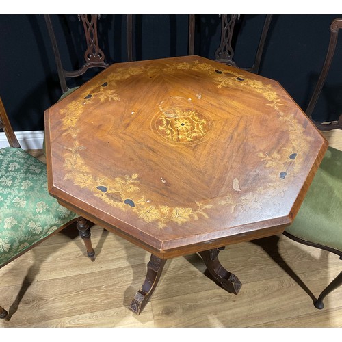 114 - A late Victorian walnut and marquetry octagonal centre table, turned supports, 74cm high, 73.5cm wid... 