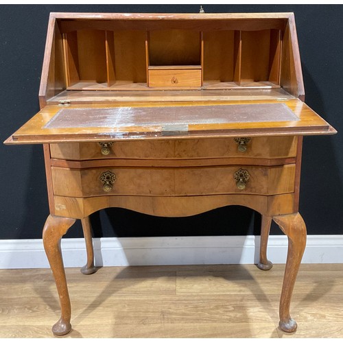 119 - An early 20th century Queen Anne style walnut bureau, fall front enclosing a fitted interior above t... 