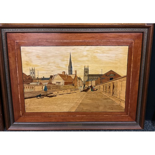 28 - Derrick Warner, Irongate, Derby, marquetry panel, 61cm x 51cm;  others, ‘Bridgegate, Derby, c.1840’,... 