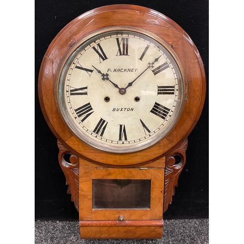 67 - A Walnut cased Drop-dial wall clock, by P. Hackney, of Buxton, white dial, with black Roman numerals... 