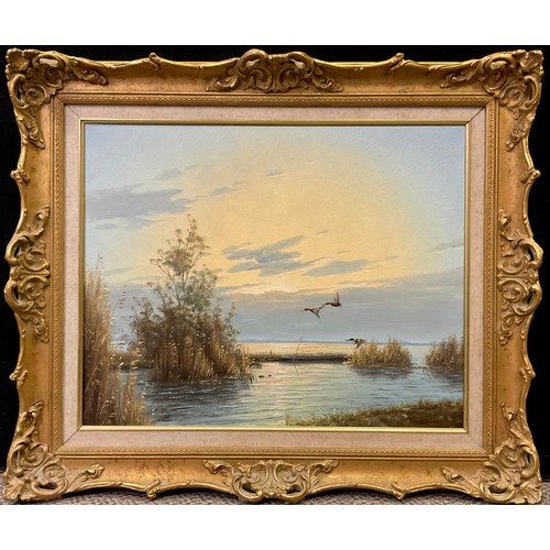 84 - Gien Brouwer (Dutch, born as G. Van de Velde, 1944), Dusk over the Dutch Wetlands, with Mallards in ... 