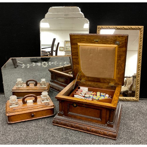 87 - A Vintage oak gramophone cabinet, converted for use as a workbox;  a Victorian oak desk Standish, co... 