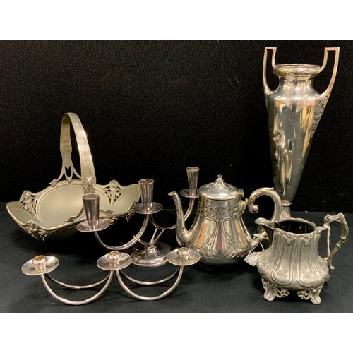 97 - WMF metalware including; silver plated cake basket, tea pot art nouveau silver plate, Danish three b... 