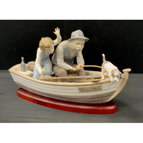 107 - Lladro figure group  'Fishing with Gramps', No.5215, with wooden plinth, marks to base, 44cm long