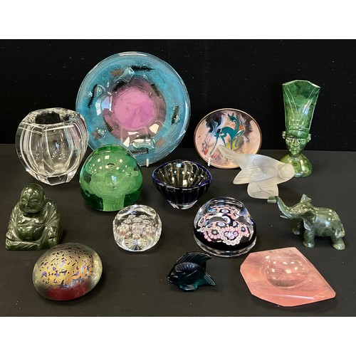 115 - Art glass including; Lalique turquoise seal fish, 5cm wide, Orrefors, stripped bubble inclusion bowl... 