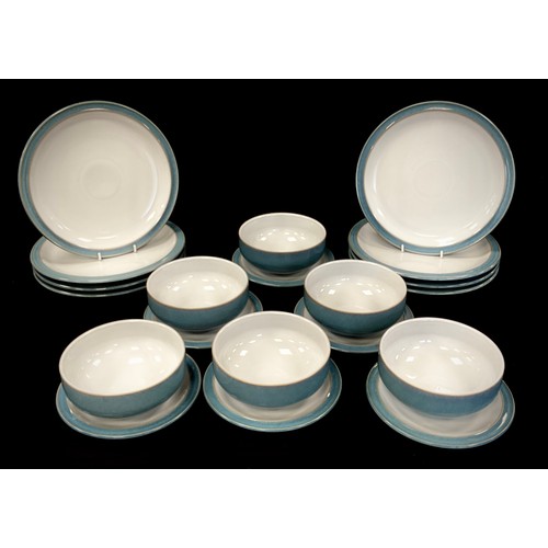 139 - Denby light blue glaze dinner ware comprised of; eight large dinner plates 27cm dia, six side plates... 