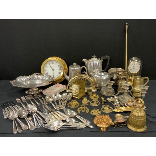 174 - Metal ware - Brass lion head door knocker, flatware, 20th century plated fruit basket, tea pot; etc