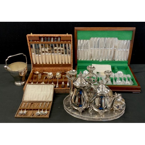 175 - Silverplate & Flatware - a cased Robert & Dore eight setting canteen,  ice bucket and tongs,  four p... 