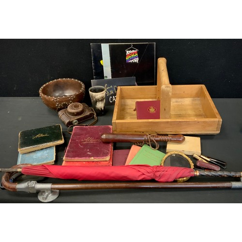 181 - Boxes and Objects - a elm bowl, with mounted coins and studded decoration, 22cm dia, horn hunters cu... 