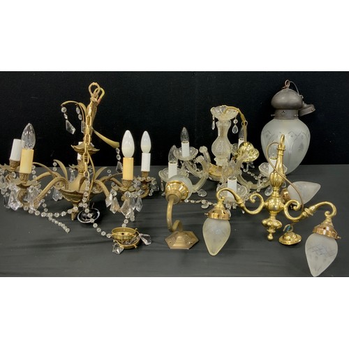 185 - A mid 20th century Viennese style five-branch chandelier/ electrolier;  a cut and frosted glass pend... 