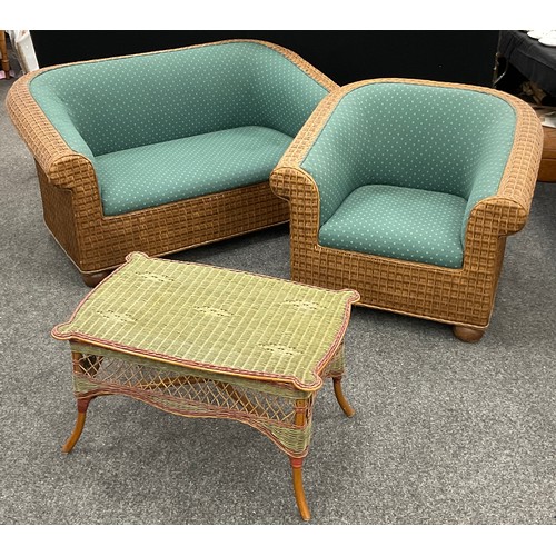 191 - A cane conservatory suite, comprising sofa, measuring 77cm high x 160cm x 90cm, single armchair, and... 