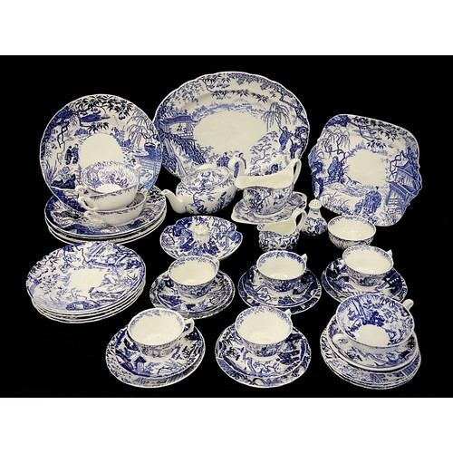 196 - A Royal Crown Derby 'Mikado' pattern table service for four including; a tea pot, sugar bowl, milk j... 