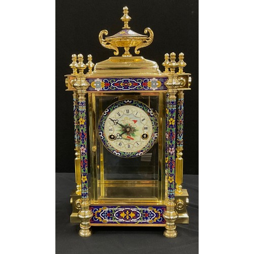 198 - A large modern French champleve enamelled four glass mantel clock, Cherubic dial, floral bands and c... 