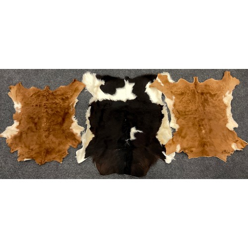 216 - A Holstein-Friesian cowhide, 110cm x 105cm, conforming two longhorn cow hides, both approximately, 9... 