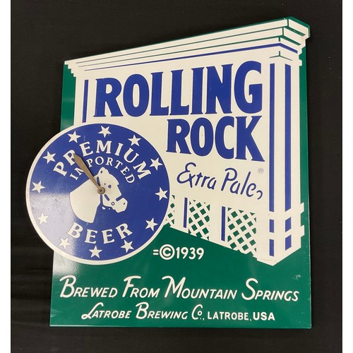 220 - A reproduction 'Rolling Rock Premium Imported Beer' enamel advertising timepiece, with battery opera... 