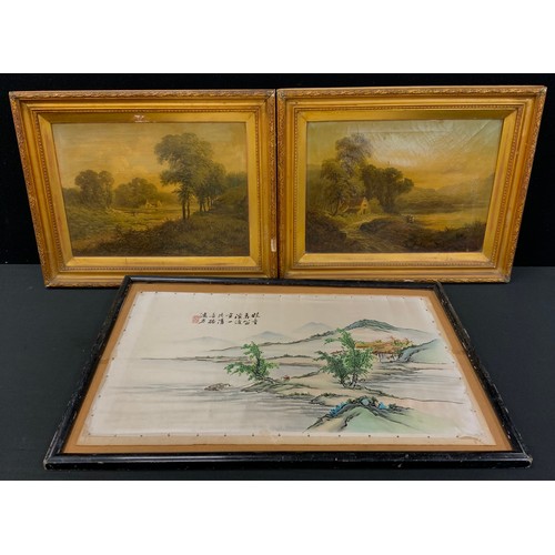 228 - English school, a pair of 20th century oil paintings, signed and dated, 1905, 29cm x 39cm; Japanese ... 