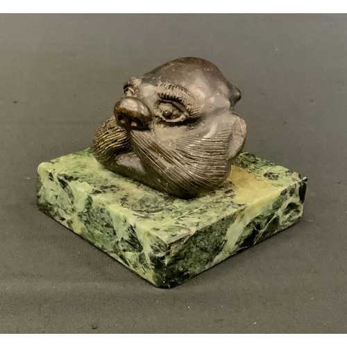 235 - An interesting bronze desk weight as a moustached bust on a ‘Verde Antico’ marble base, 5.5cm high x... 