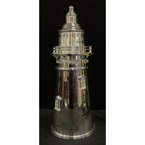 240 - Silver plated novelty cocktail shaker as a lighthouse, stamped mark to base, 34cm high