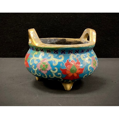 248 - A modern bronze & cloisonné Chinese censer, tri pod feet, stamped mark to base, 8cm high