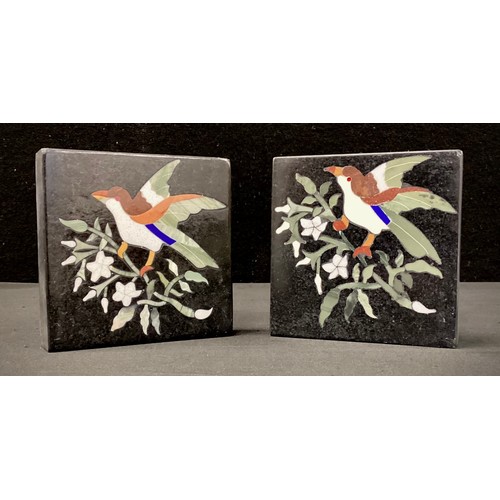 251 - A pair of Pietra dura bird deck weights or coasters, 10cm x 10cm (2)