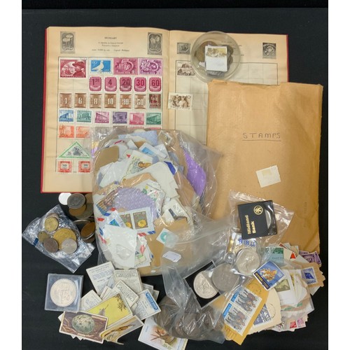 277 - Stamps, coins, bank notes, inc Killmarsh token, crowns, pennies, international coins, and bank notes... 