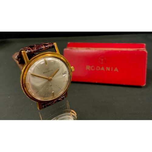 321 - A Rodania 9ct gold cased gentleman's wristwatch, silver dial, line baton markers, date aperture, bro... 