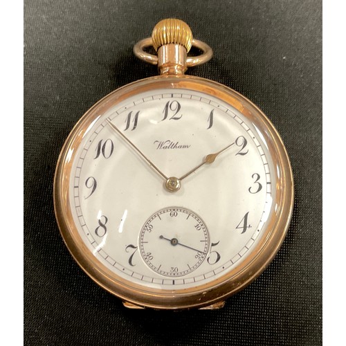 327 - A Waltham Traveller 9ct rose gold cased open face pocket watch, white enamel dial, black Arabic Nume... 