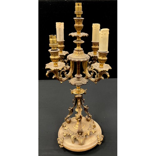 233 - A gilt metal five light table lamp, as a candelabra, with central taller light, surrounded by four f... 