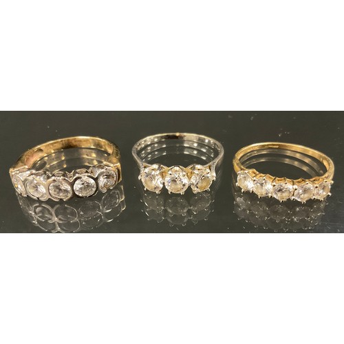 362 - A CZ 9ct gold five stone half eternity ring, size S, others;  five stone and three stone, sizes T & ... 