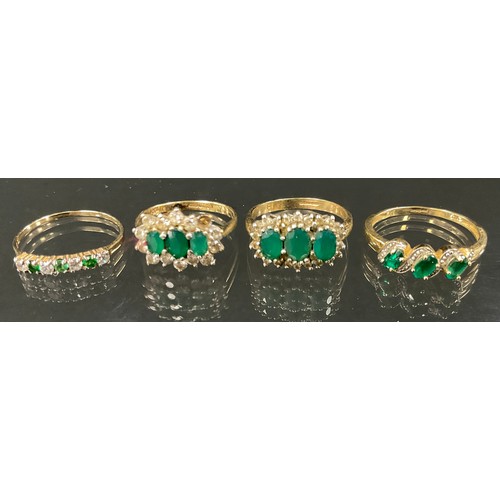 365 - An emerald and diamond effect Cz cluster ring, 9ct gold shanks, sizes S & Q, 6.4g gross;  a 9ct gold... 