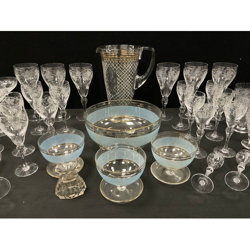 172 - Glassware - A suite of hand engraved drinking glasses inc wine, sherry, Champagne coups, aperitifs, ... 