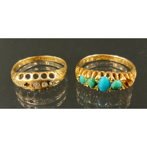 372 - An diamond five stone ring, 18ct gold shank, size M, 1.9g gross;  turquoise 18ct gold linear cabocho... 