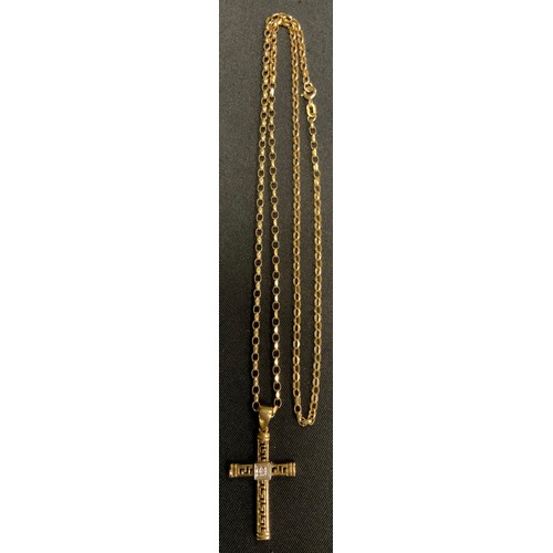 341 - A 9ct gold Cz set cross pendant necklace, with 9ct gold oval link chain, 59cm long, 8.3g gross