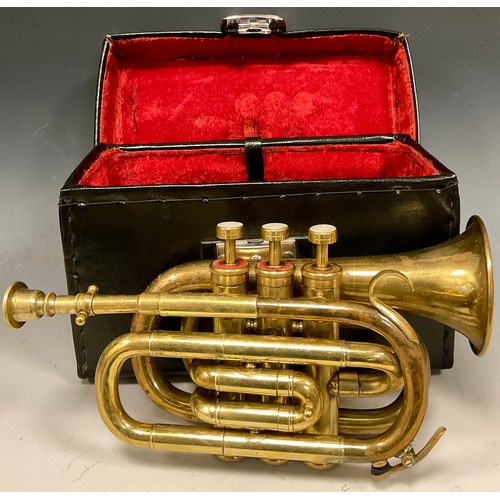 77A - A mid 20th century Brass ‘Pocket’ or ‘Piccolo’ Cornet, cased, with mouth-piece.