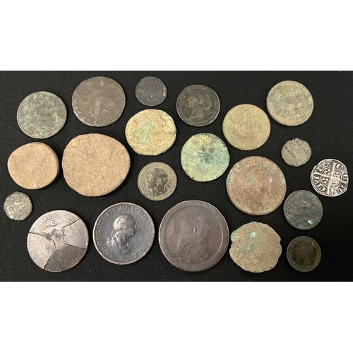 283A - Antiquities - Roman and later coins and tokens inc Roman bronze coins, hand hammered silver penny, p... 