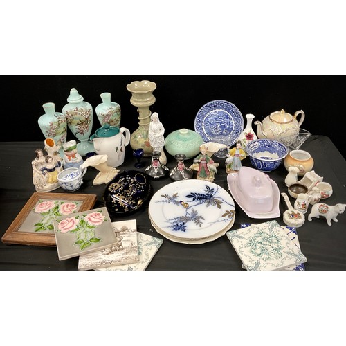 145A - Victorian and later including; milk glasses vases, Bristol blue dressing table set, a pair of Shelle... 