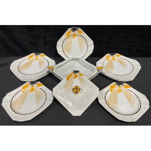 289 - A Shelley Vogue Sunray pattern part dinner service, comprising tureen, dinner plates and dessert pla... 