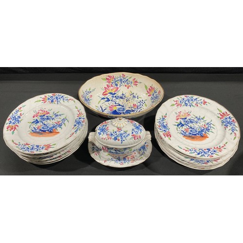 330 - An early 19th century pearlware part dinner service, printed in blue and white with hand painted pol... 