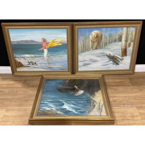 333 - Pictures and Prints - Carmel Cauchi, a pair, Bald Eagle and Polar Bear, signed, dated 1991, oil on c... 