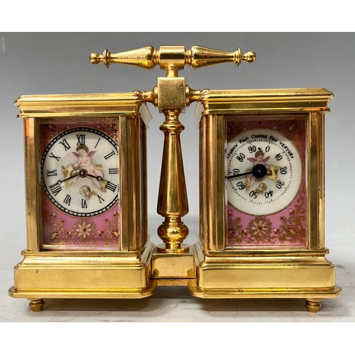 359 - A French style lacquered brass double carriage clock and barometer, applied with printed and painted... 