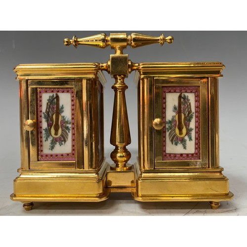 359 - A French style lacquered brass double carriage clock and barometer, applied with printed and painted... 