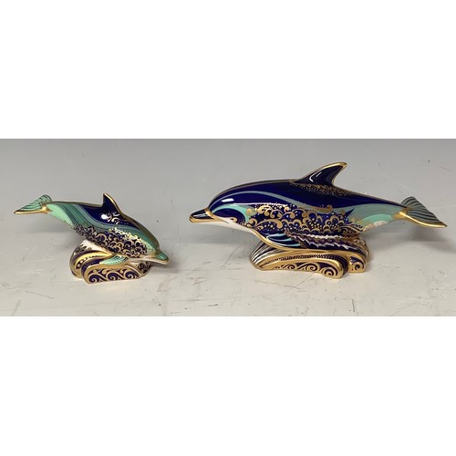 52 - A pair of Royal Crown Derby paperweights, Bottlenose Dolphin and Baby Bottlenose Dolphin, both decor... 