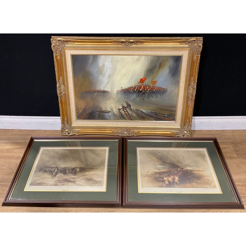 334 - Pictures and Prints - John Bampfield, Into Battle, signed, oil on canvas, 50cm x 75cm; David Cartwri... 