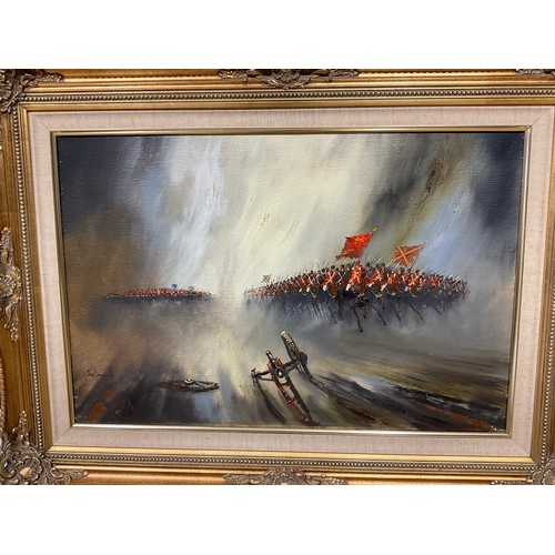 334 - Pictures and Prints - John Bampfield, Into Battle, signed, oil on canvas, 50cm x 75cm; David Cartwri... 