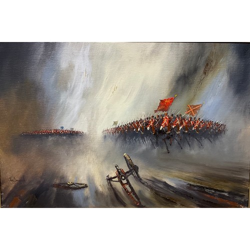 334 - Pictures and Prints - John Bampfield, Into Battle, signed, oil on canvas, 50cm x 75cm; David Cartwri... 