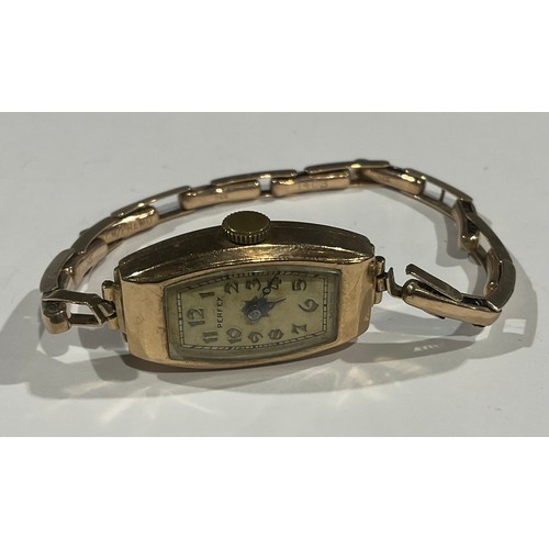 606 - A lady's 9ct rose gold Perfex watch, canted rectangular face, Arabic numerals, the case marked 375, ... 