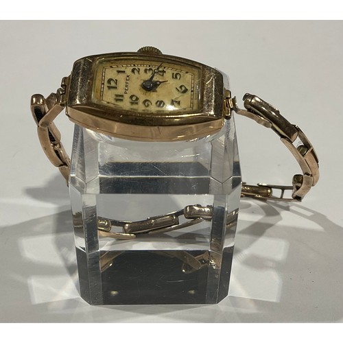 606 - A lady's 9ct rose gold Perfex watch, canted rectangular face, Arabic numerals, the case marked 375, ... 