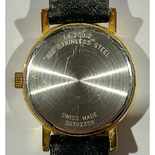 607 - A lady's Longines gold plated stainless steel watch, Champagne dial, baton indicators, centre second... 