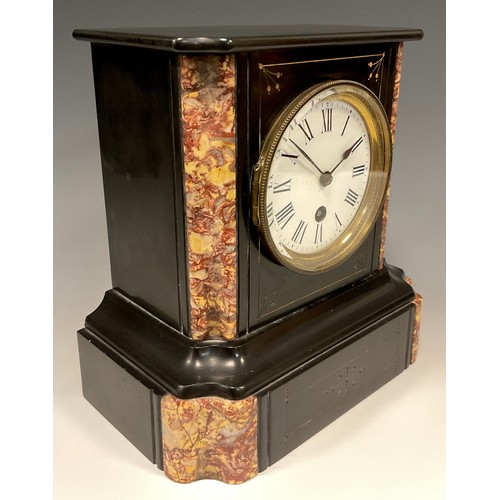 18 - A 19th century belge noir and rouge marble mantel clock, eight- day movement, incised decoration, 22... 