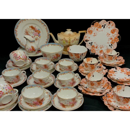 64 - Late 19th century tea ware including; a floral tea set for ten; other; Crown Devon tea pot